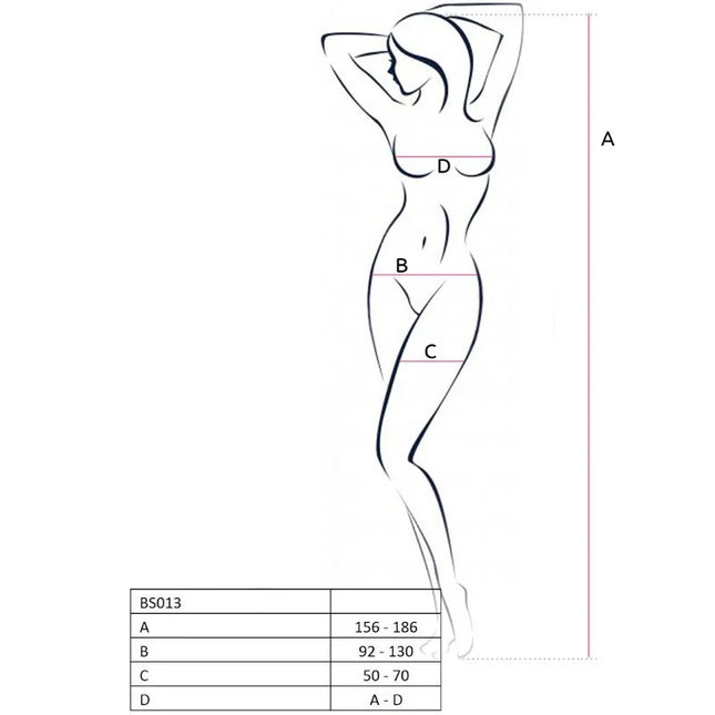 Minimalistisches schwarzes linienbild einer frauensilhouette mit messpunkten a b c d für die größe des passion woman bodystockings