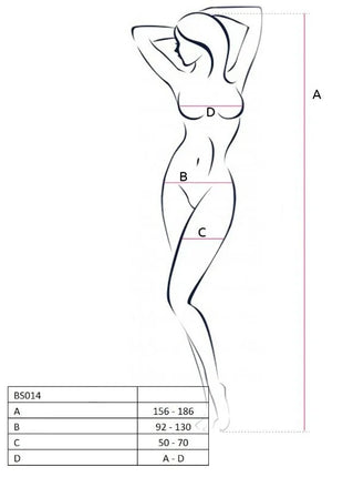 Ein minimalistisches linienbild einer frau in stehender pose mit rotem bodystocking von passion in einer größe