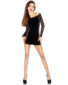 Schwarzes off-shoulder minikleid mit netzlangen ärmeln aus bodystocking material in einer größe von passion