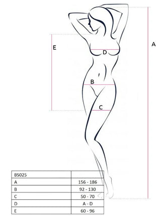 Stilisiertes linienbild einer frauen-silhouette mit maßpunkten für die passion woman bs025 weiße bodystocking eine größe