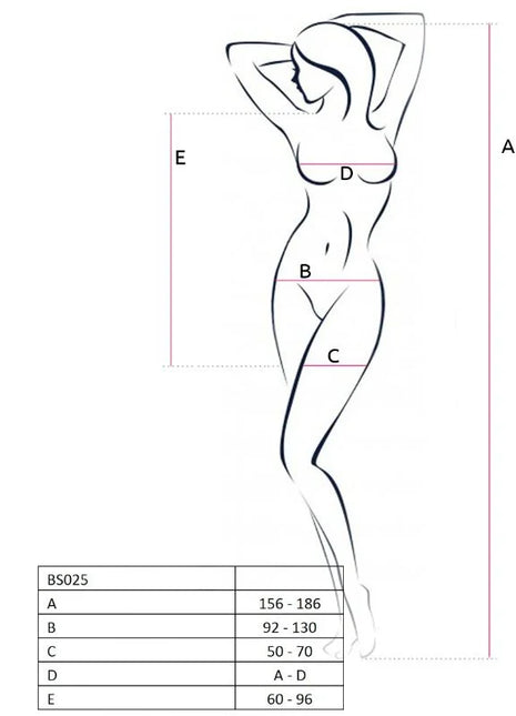 Stilisiertes linienbild einer frauen-silhouette mit maßpunkten für die passion woman bs025 weiße bodystocking eine größe