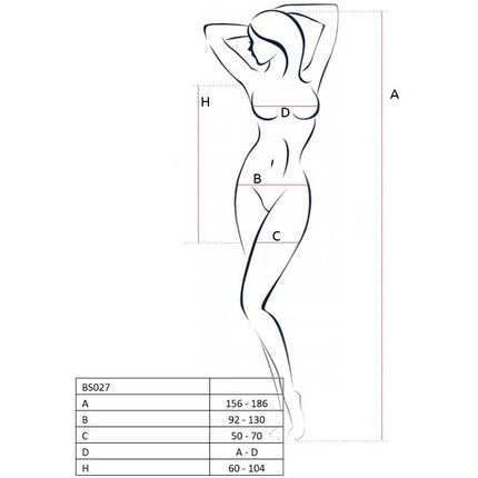 Ein minimalistisches schwarz liniertes frauensilhouette diagramm mit maßpunkten für passion woman bs027 schwarzes kleid bodystocking