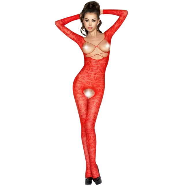 Roter passione frauen bodystocking mit floralen spitzenmustern und cut-out details eine größe