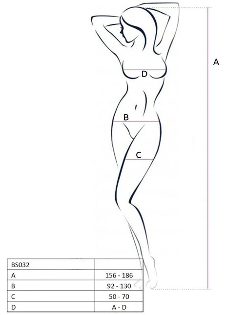 Minimalistisches schwarz liniertes zeichnen einer frauensilhouette mit messpunkten a bis d für passion woman bs032 roter bodystocking eine größe
