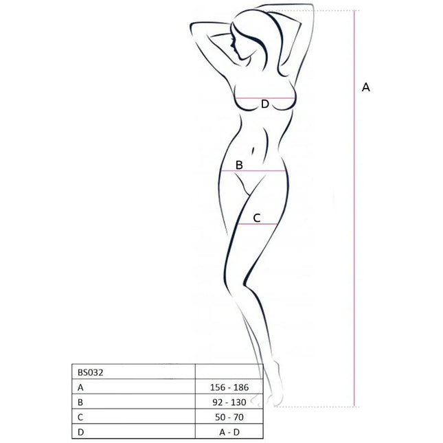 Minimalistisches schwarz liniertes zeichnen einer frauensilhouette mit messpunkten a bis d für passion woman bs032 roter bodystocking eine größe