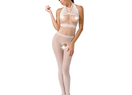 Eine sheer nude farbene bodystocking mit neckholder und vertikalen mesh paneelen von passion woman