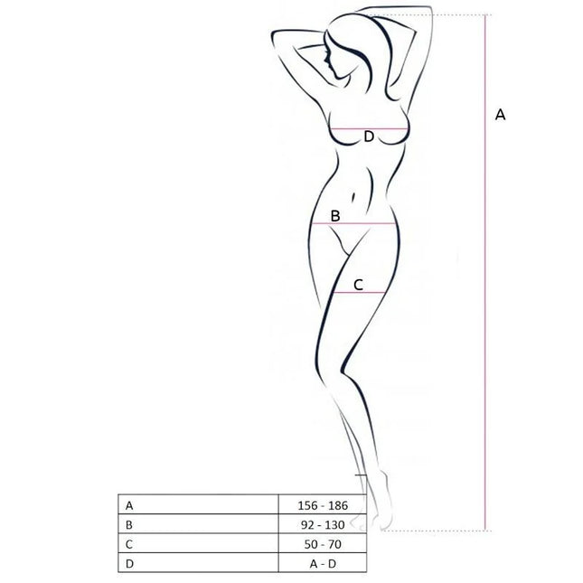Minimalistische schwarze linienzeichnung der frauensilhouette mit maße punkten a b c d zur größenbestimmung für passion woman bs052 bodystocking schwarz eine größe