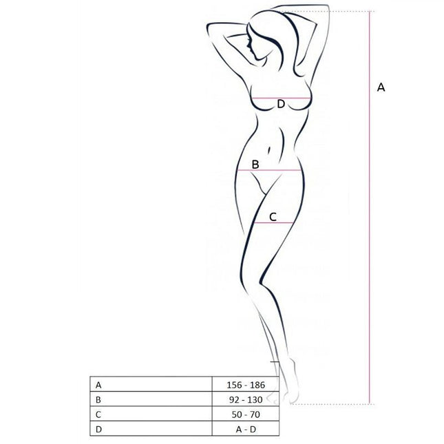 Minimalistische schwarze linienzeichnung der frauensilhouette mit maße punkten a b c d zur größenbestimmung für passion woman bs052 bodystocking schwarz eine größe