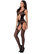 Schwarzer mesh-bodystocking passion woman bs057 mit cutout-details und passenden chevron-mustern in einer größe