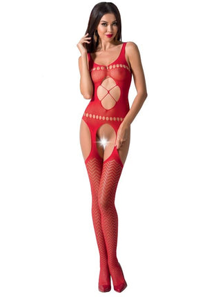 Rotes sheer mesh bodystocking passion woman bs057 mit cutout details und fischgrätenmuster in einer größe