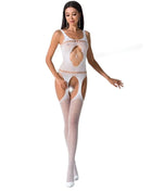 Weißer sheer bodysuit mit cutout details und herringbone muster strumpfhose passion woman bs057 bodystocking eine größe