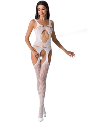 Weißer sheer bodysuit mit cutout details und herringbone muster strumpfhose passion woman bs057 bodystocking eine größe