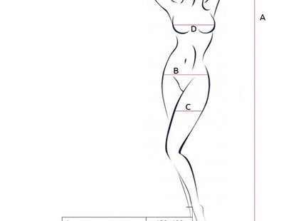 Minimalistische schwarze linienzeichnung einer frauensilhouette mit maßpunkten a b c d für den weissen passsion bodystocking eine größe