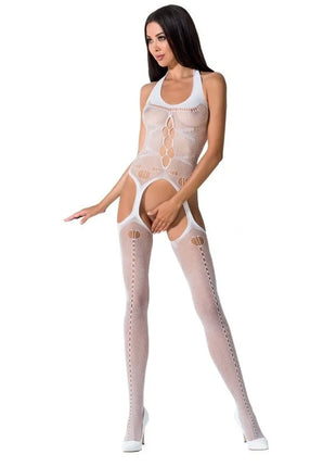 Weißer mesh-bodysuit passion woman bs059 mit cutouts und beinstraps aus mesh material in einer größe