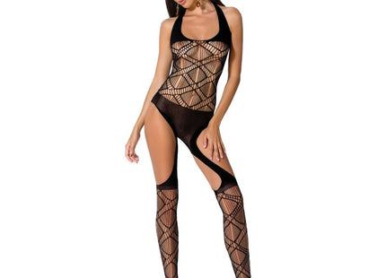 Schwarzer fishnet-bodystocking passion woman bs060 mit geometrischem latticemuster und hohem beinausschnitt in einer größe
