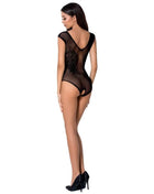Passion woman bs064 schwarzer bodystocking aus schwarzem transparentem mesh mit leopardmuster und offenem rücken