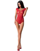 Rote spitzenbodystocking mit transparentem, filigranem blumenmuster und kurzen ärmeln von passion in schwarz eine größe