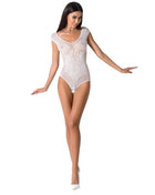 Weißes transparenter spitzenbody mit floralem muster und kurzen ärmeln aus der passion kollektion