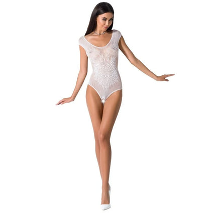 Weißes transparenter spitzenbody mit floralem muster und kurzen ärmeln aus der passion kollektion