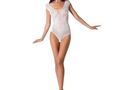 Weißes transparenter spitzenbody mit floralem muster und kurzen ärmeln aus der passion kollektion