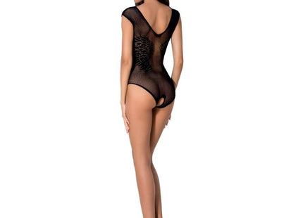 Passion woman bs064 schwarzer bodystocking aus schwarzem transparentem mesh mit leopardmuster und offenem rücken