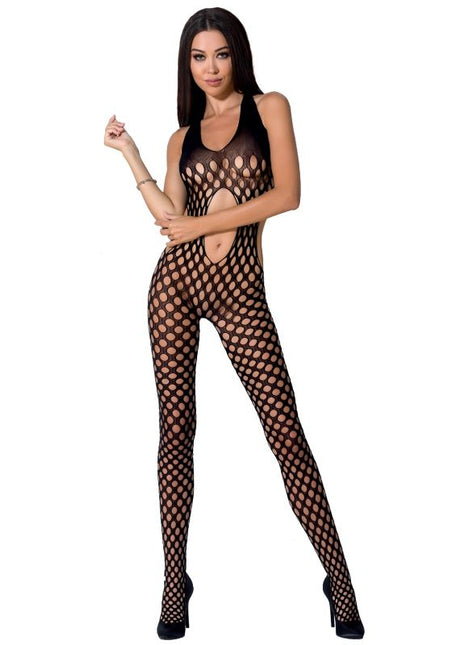 Schwarzer fishnet bodystocking passion woman bs065 mit neckholder und cutouts eine größe