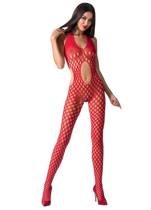 Rotes fischernetz bodystocking mit neckholder und cutout details passion woman bs065 schwarz eine größe