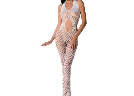 Weißer mesh bodystocking mit halter neck und kreismuster aus passion woman bs065 in schwarz eine größe