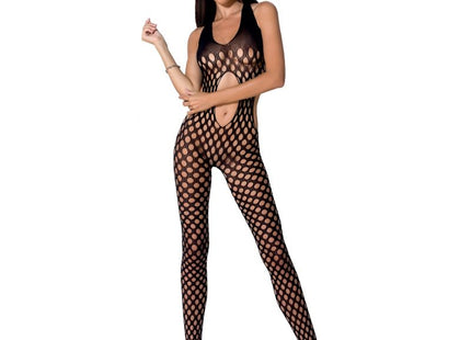 Schwarzer fishnet bodystocking passion woman bs065 mit neckholder und cutouts eine größe