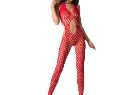 Rotes fischernetz bodystocking mit neckholder und cutout details passion woman bs065 schwarz eine größe