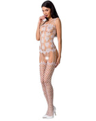 Weißer spitzenbodystocking passion woman bs067 mit durchsichtigem fischnetzmuster und floralen ausschnitten