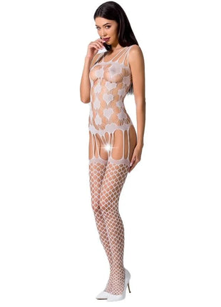 Weißer spitzenbodystocking passion woman bs067 mit durchsichtigem fischnetzmuster und floralen ausschnitten