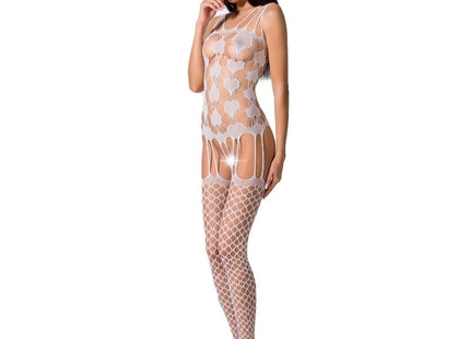 Weißer spitzenbodystocking passion woman bs067 mit durchsichtigem fischnetzmuster und floralen ausschnitten