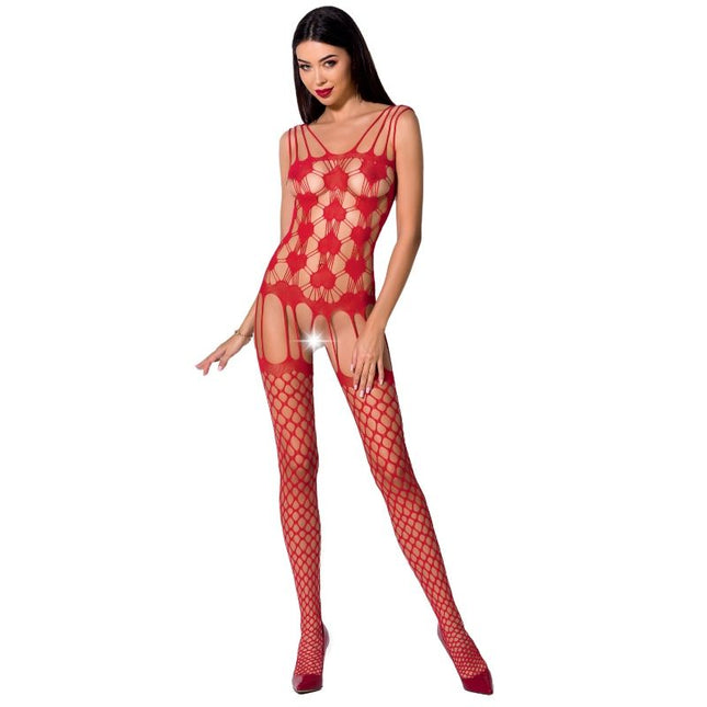 Rote fishnet bodystocking passion woman bs067 mit floraler spitze und hohem beinausschnitt in schwarz eine größe