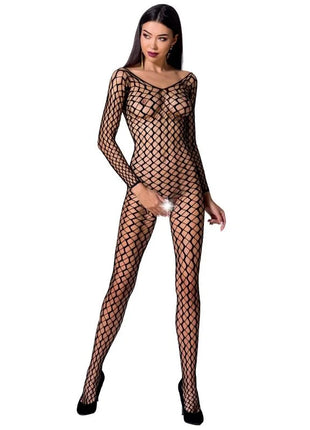 Schwarzer netz-bodystocking passion woman bs068 mit langen ärmeln und durchsichtigem diamant-muster aus mesh in einer größe