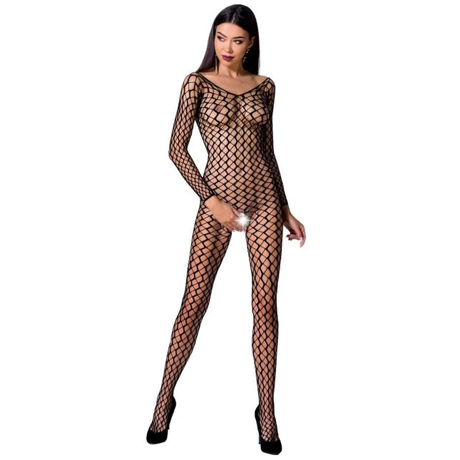 Schwarzer netz-bodystocking passion woman bs068 mit langen ärmeln und durchsichtigem diamant-muster aus mesh in einer größe
