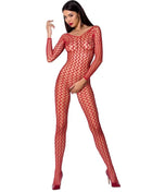 Passion woman BS068 bodystocking schwarz eine größe im roten netzstoff mit langen ärmeln und rundhalsausschnitt