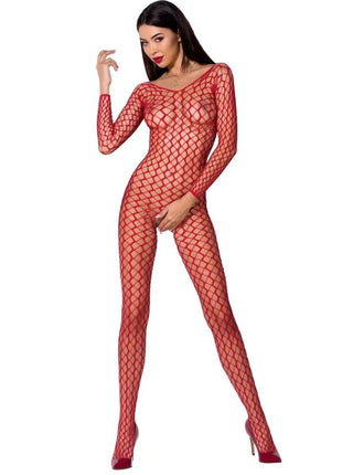 Passion woman BS068 bodystocking schwarz eine größe im roten netzstoff mit langen ärmeln und rundhalsausschnitt