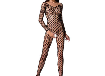 Schwarzer netz-bodystocking passion woman bs068 mit langen ärmeln und durchsichtigem diamant-muster aus mesh in einer größe