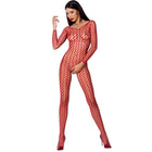 Passion woman BS068 bodystocking schwarz eine größe im roten netzstoff mit langen ärmeln und rundhalsausschnitt