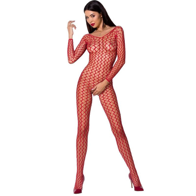 Passion woman BS068 bodystocking schwarz eine größe im roten netzstoff mit langen ärmeln und rundhalsausschnitt
