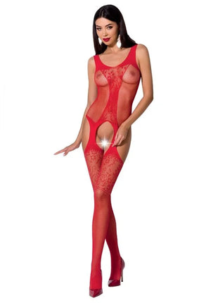 Rote spitzen-bodystocking passion woman bs072 mit mesh-einsätzen und cutout-design in schwarz eine größe