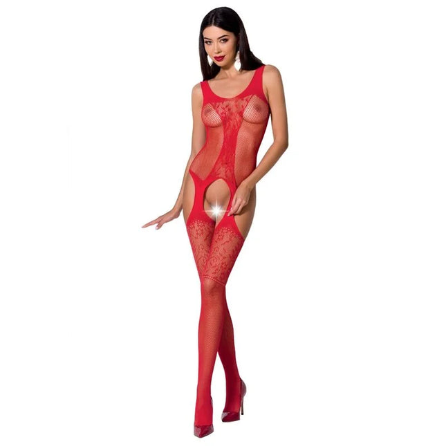 Rote spitzen-bodystocking passion woman bs072 mit mesh-einsätzen und cutout-design in schwarz eine größe