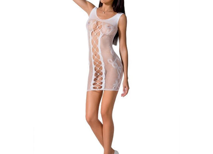 Weißer transparenter mesh bodycon kleid mit schnürung vorne aus dem passion woman bs073 bodystocking