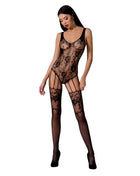 Black lace bodystocking passion woman bs074 schwarz with sheer mesh overlay and floral pattern in one size