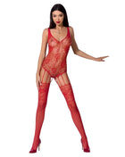 Rote spitzen-bodystocking passion woman bs074 mit mesh-einsätzen und fischernetzstrümpfen in schwarz einheitsgröße
