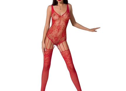 Rote spitzen-bodystocking passion woman bs074 mit mesh-einsätzen und fischernetzstrümpfen in schwarz einheitsgröße