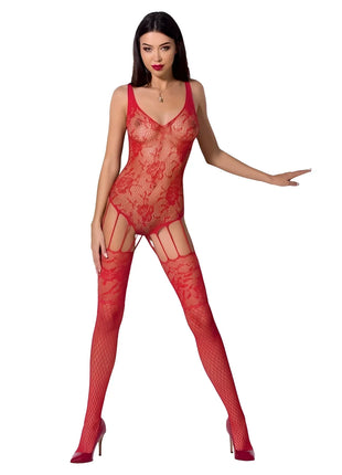 Rote spitzen-bodystocking passion woman bs074 mit mesh-einsätzen und fischernetzstrümpfen in schwarz einheitsgröße