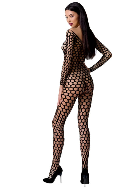 Schwarzer passion bodystocking bs077 mit netzstoff und kreislochern in einer grösse für damen