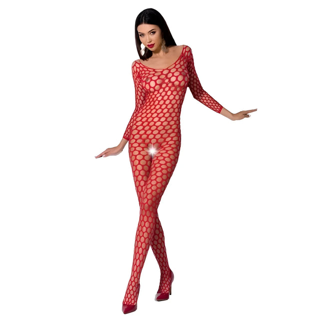 Rotes fishnet bodystocking passion woman bs077 mit transparentem mesh und rundem lochmuster in schwarz one size